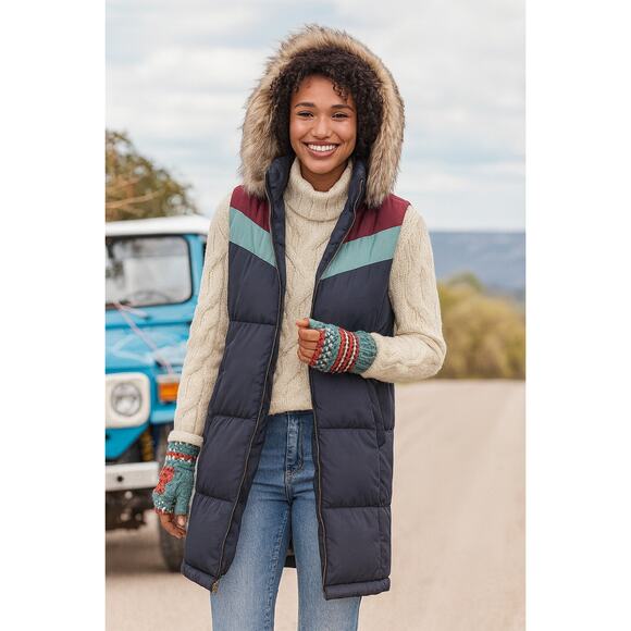 Sundance Jackets & Blazers - Sundance Dottie Retro Duck Down Colorblock Long Hooded Vest